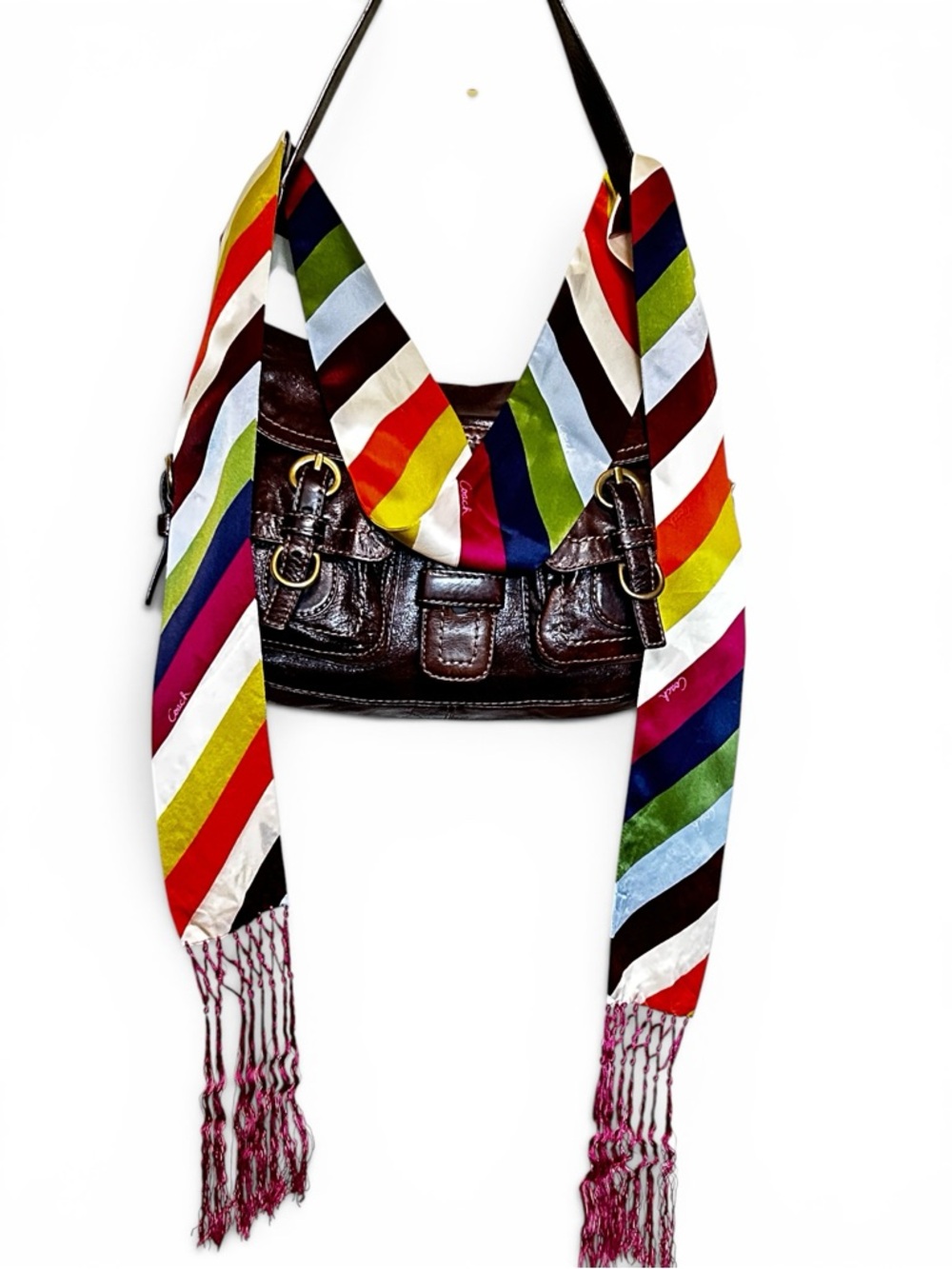 COACH Legacy Stripe Knotted Tassel Fringe Silk Scarf - Picture 5 of 8